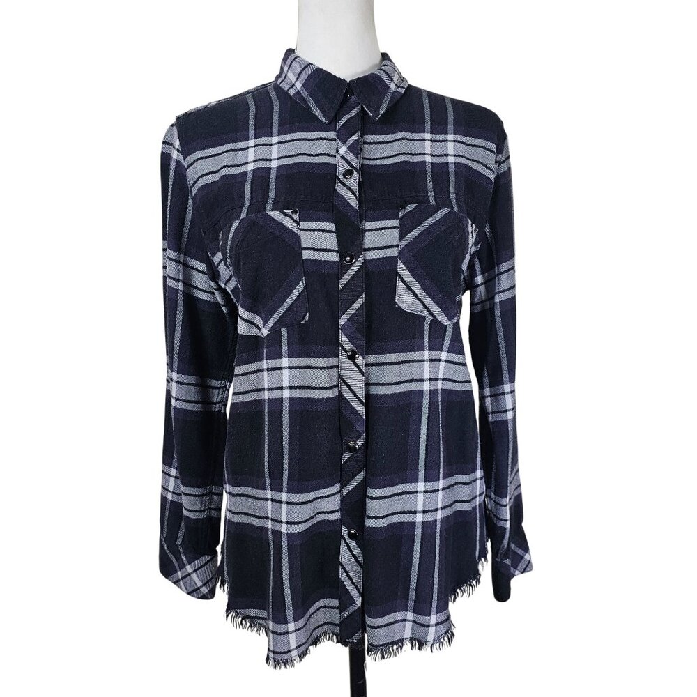 Rails Leo Black White Plaid Snap Up Shirt S Long Sleeve Raw Fringe Hem Casual